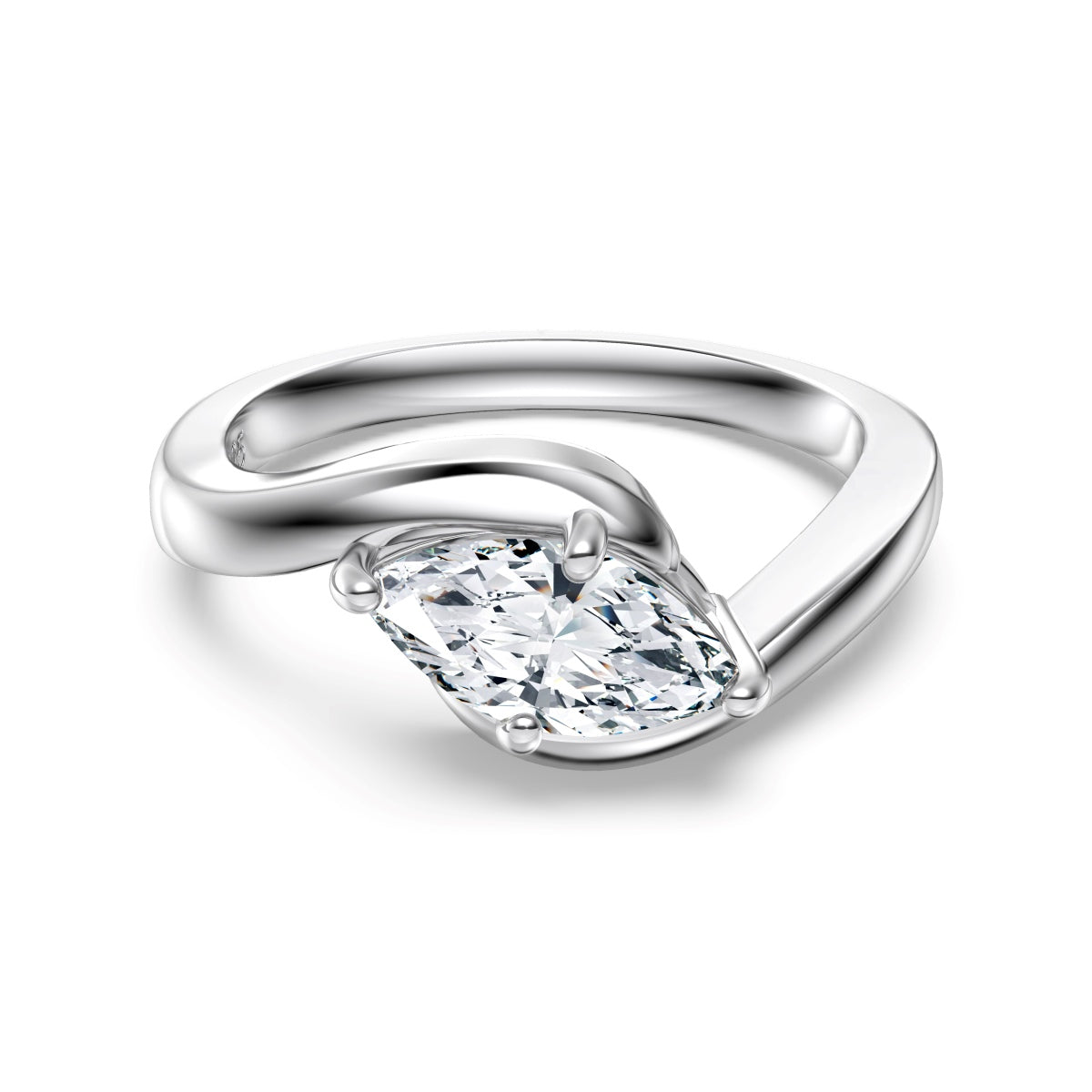1ct Rhodium-Plated Sterling Silver ‘Liora’ Marquise Cut Bypass Solitaire Ring