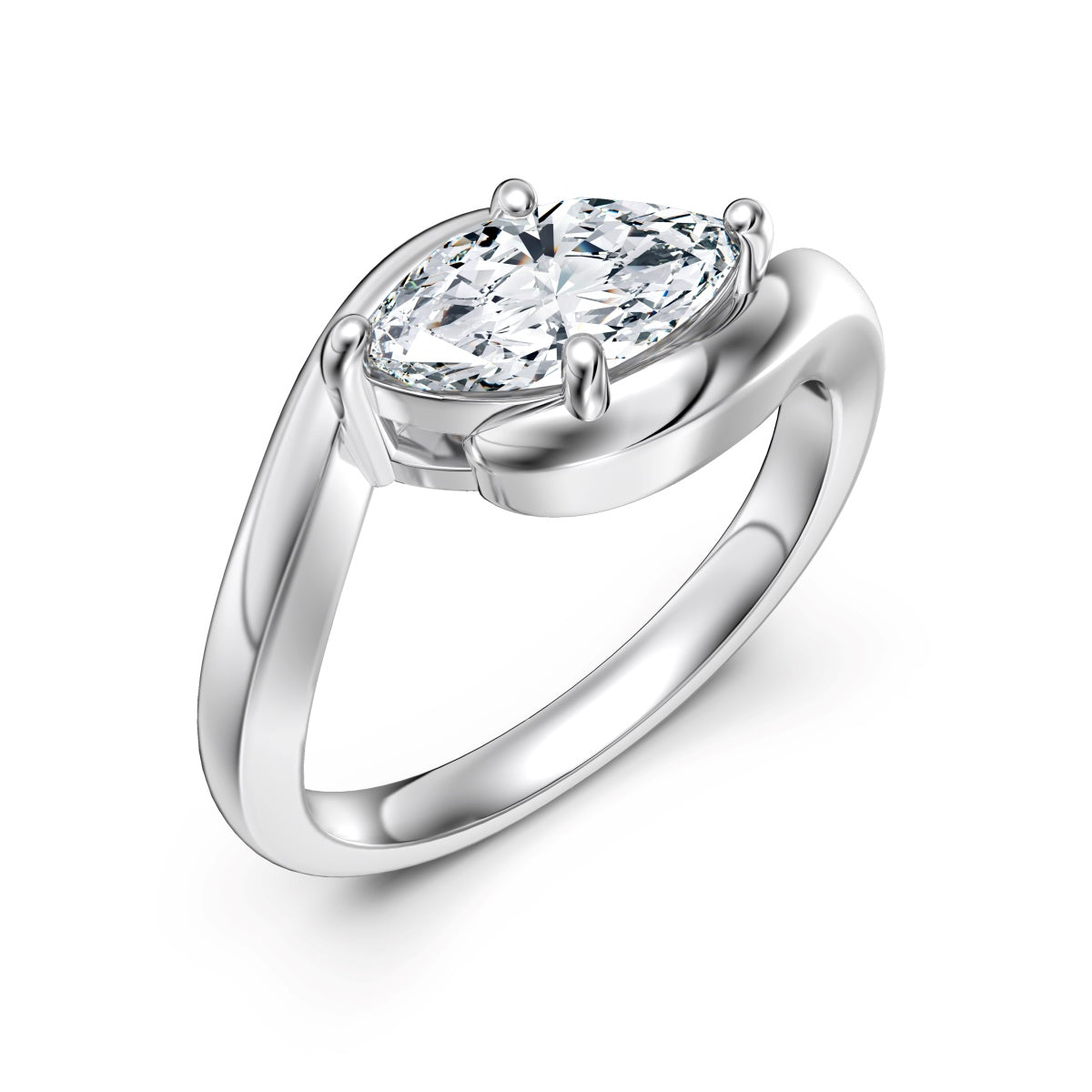 1ct Rhodium-Plated Sterling Silver ‘Liora’ Marquise Cut Bypass Solitaire Ring
