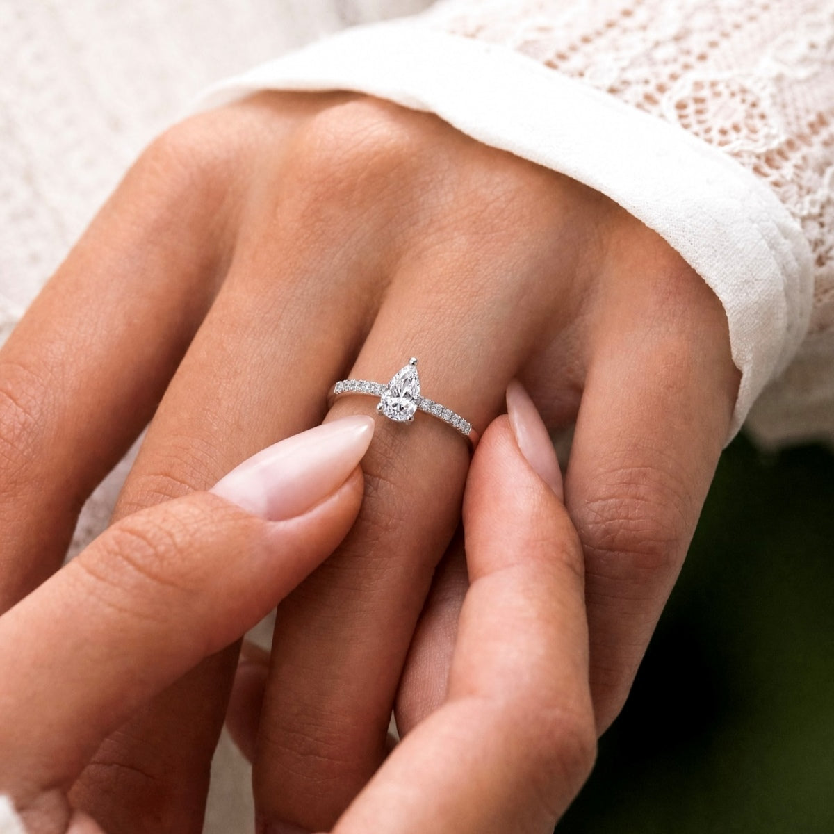 1.26ct Rhodium-Plated Sterling Silver ‘Élara’ Pear Cut Moissanite Solitaire Ring